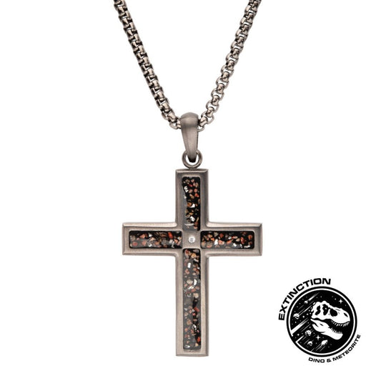 Men's Gunmetal Stainless Steel Dinosaur Bone Cross Pendant with CZ