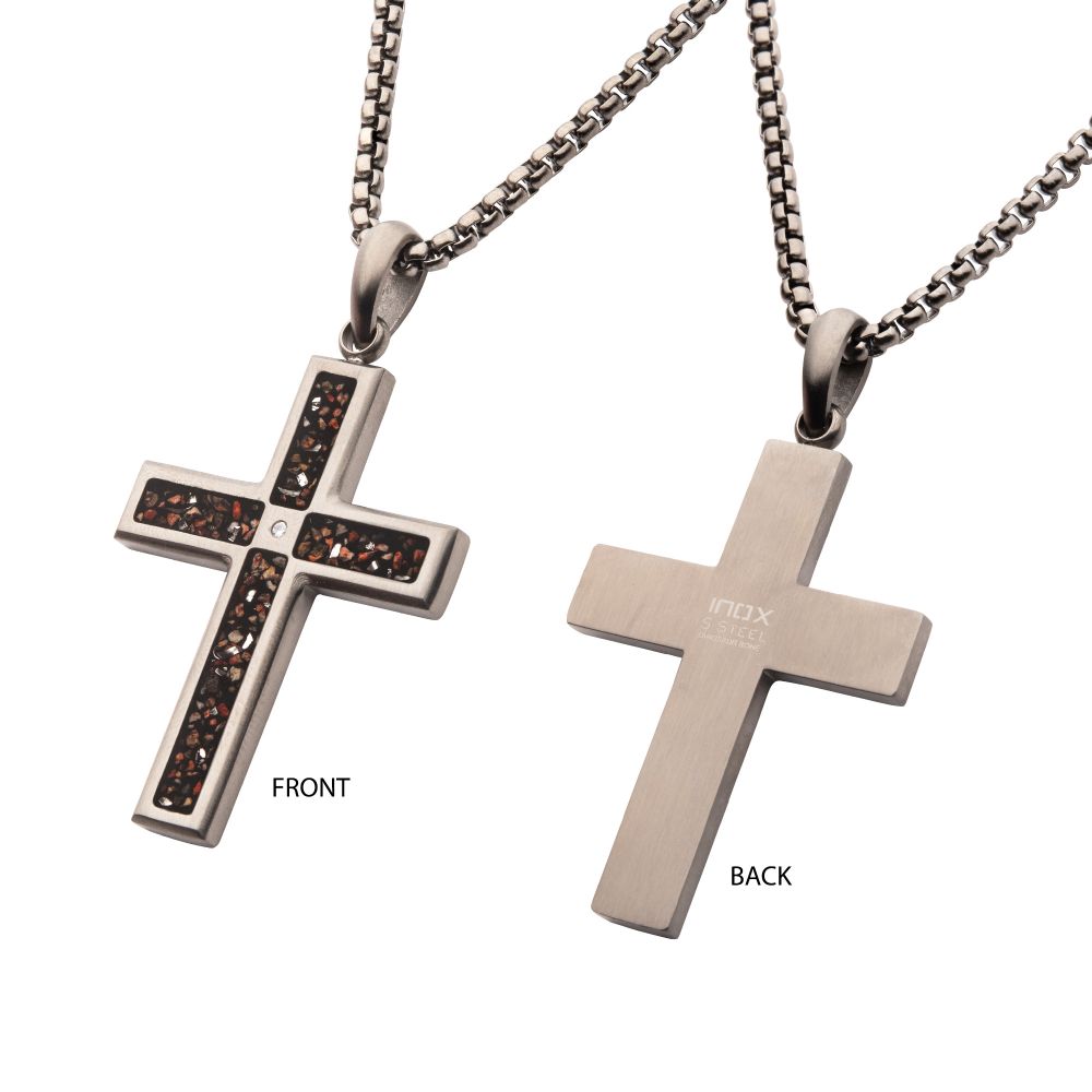 Men's Gunmetal Stainless Steel Dinosaur Bone Cross Pendant with CZ