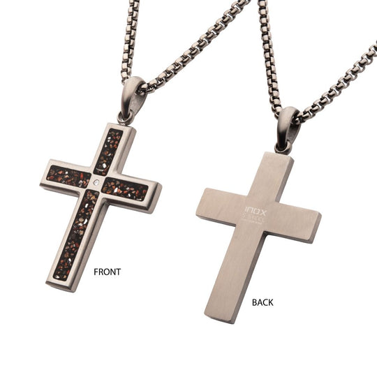 Men's Gunmetal Stainless Steel Dinosaur Bone Cross Pendant with CZ