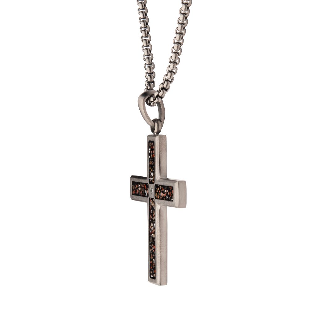 Men's Gunmetal Stainless Steel Dinosaur Bone Cross Pendant with CZ