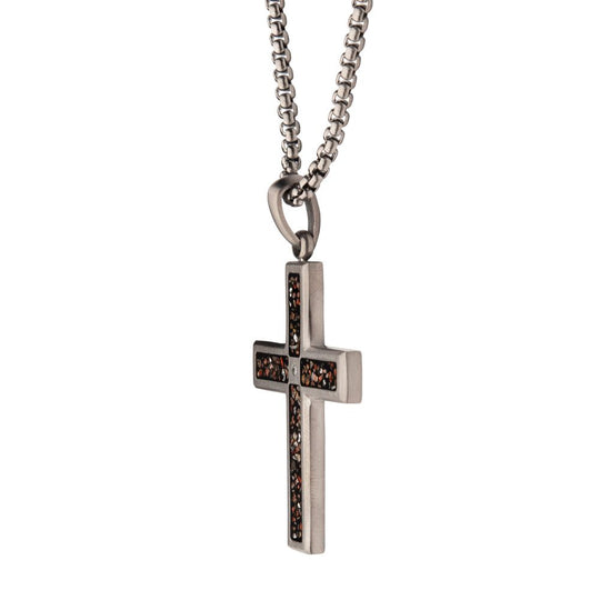 Men's Gunmetal Stainless Steel Dinosaur Bone Cross Pendant with CZ