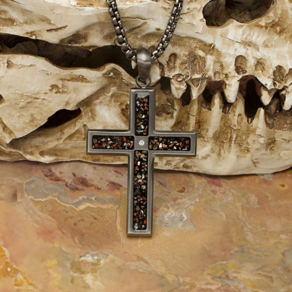 Men's Gunmetal Stainless Steel Dinosaur Bone Cross Pendant with CZ