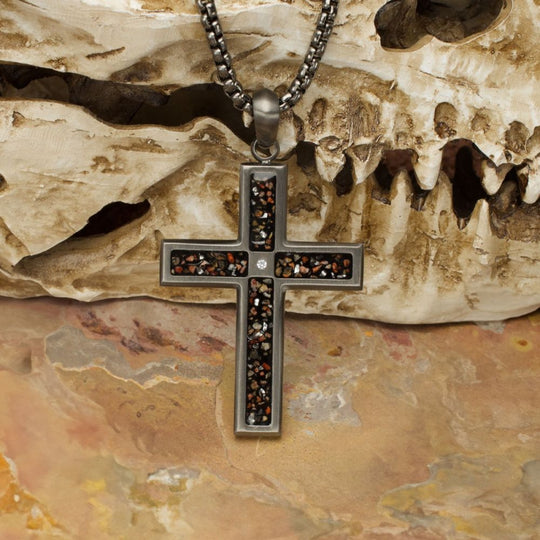 Men's Gunmetal Stainless Steel Dinosaur Bone Cross Pendant with CZ