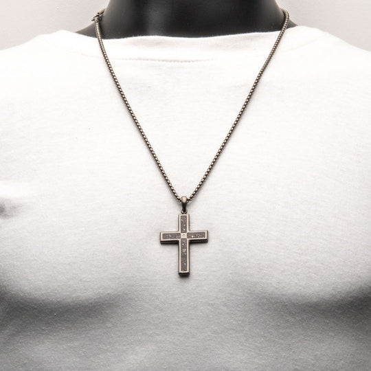 Men's Gunmetal Stainless Steel Dinosaur Bone Cross Pendant with CZ