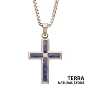 Matte Finish Stainless Steel Lapis Lazuli Stone Inlay Cross Pendant with 1.5mm Clear CZ Gem