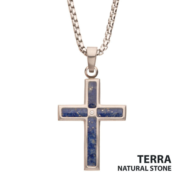Matte Finish Stainless Steel Lapis Lazuli Stone Inlay Cross Pendant with 1.5mm Clear CZ Gem