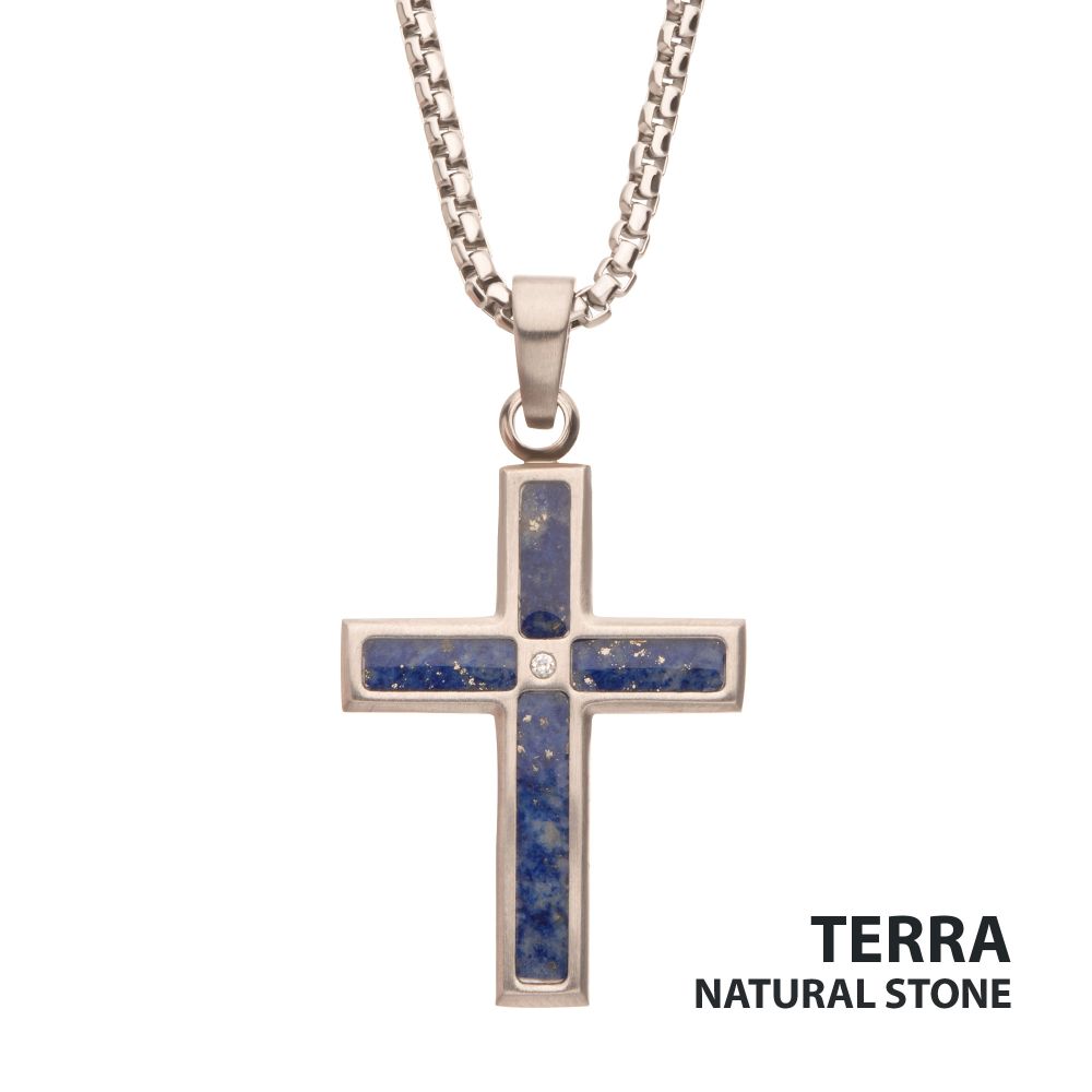 Men's Matte Stainless Steel Lapis Lazuli Cross Pendant with CZ