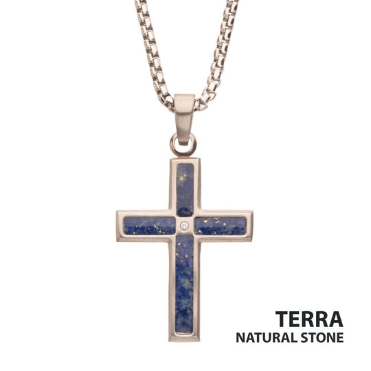 Men's Matte Stainless Steel Lapis Lazuli Cross Pendant with CZ
