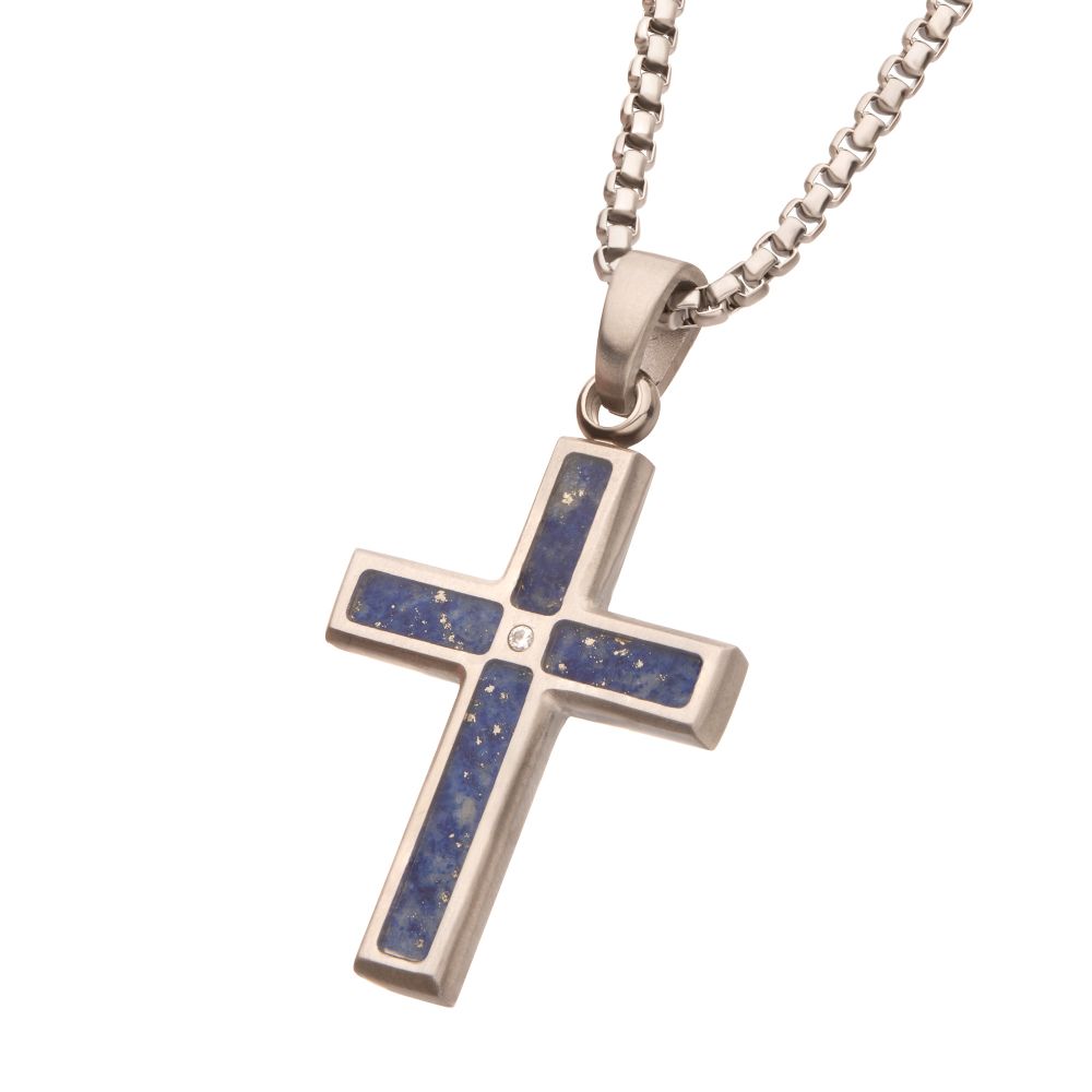 Men's Matte Stainless Steel Lapis Lazuli Cross Pendant with CZ