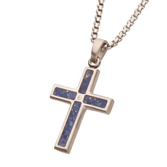 Men's Matte Stainless Steel Lapis Lazuli Cross Pendant with CZ