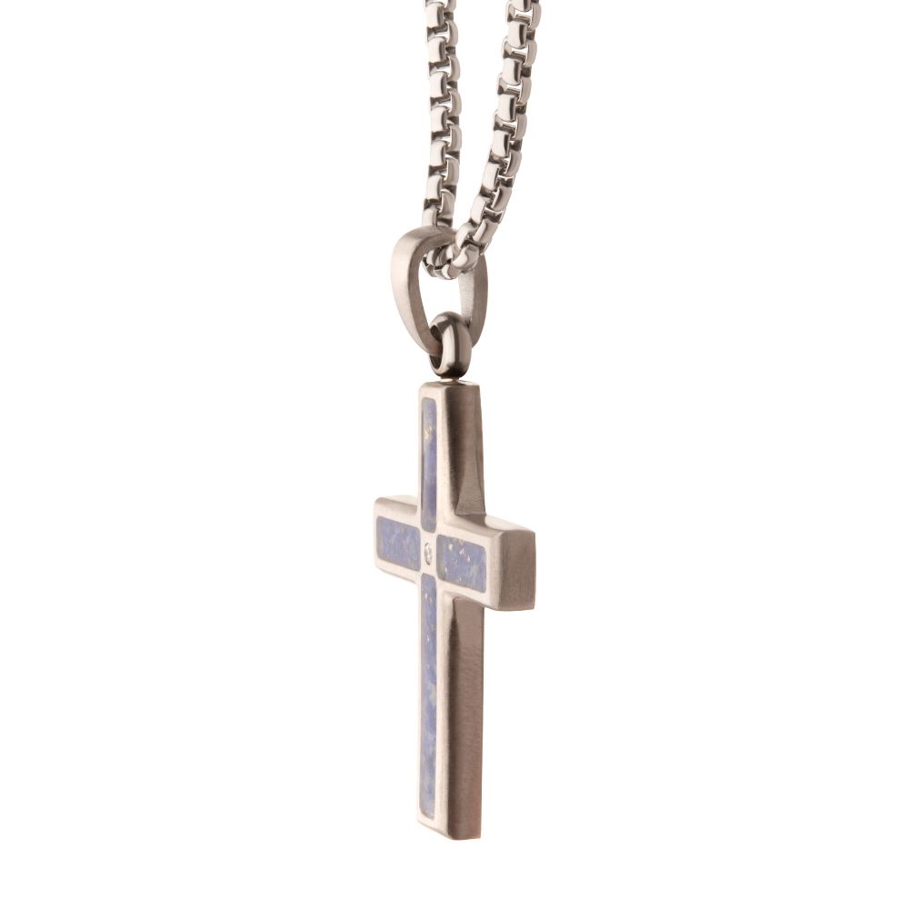 Men's Matte Stainless Steel Lapis Lazuli Cross Pendant with CZ