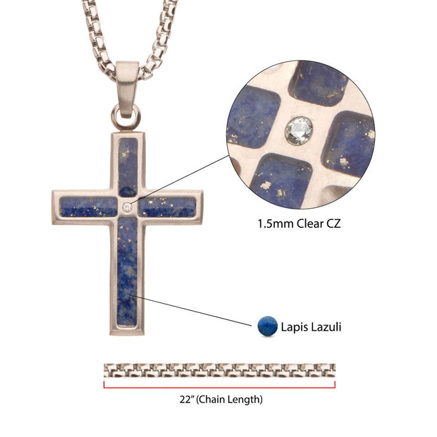 Matte Finish Stainless Steel Lapis Lazuli Stone Inlay Cross Pendant with 1.5mm Clear CZ Gem