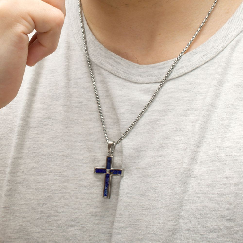Men's Matte Stainless Steel Lapis Lazuli Cross Pendant with CZ