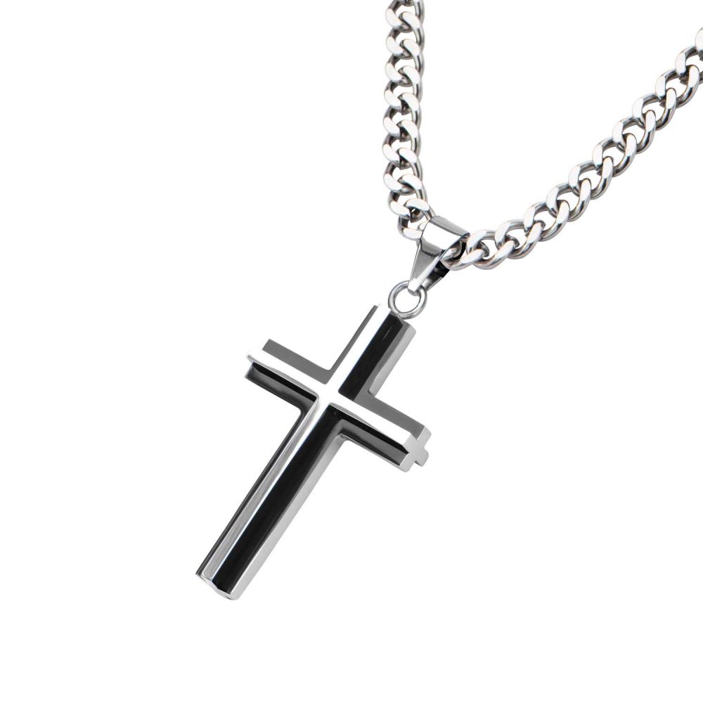 Men’s Black & Stainless Steel 3D Cross Necklace