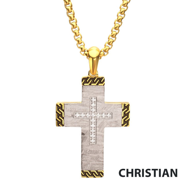 Stainless Steel Clear CZ Gem Gold Black Edge Textured Cross Pendant