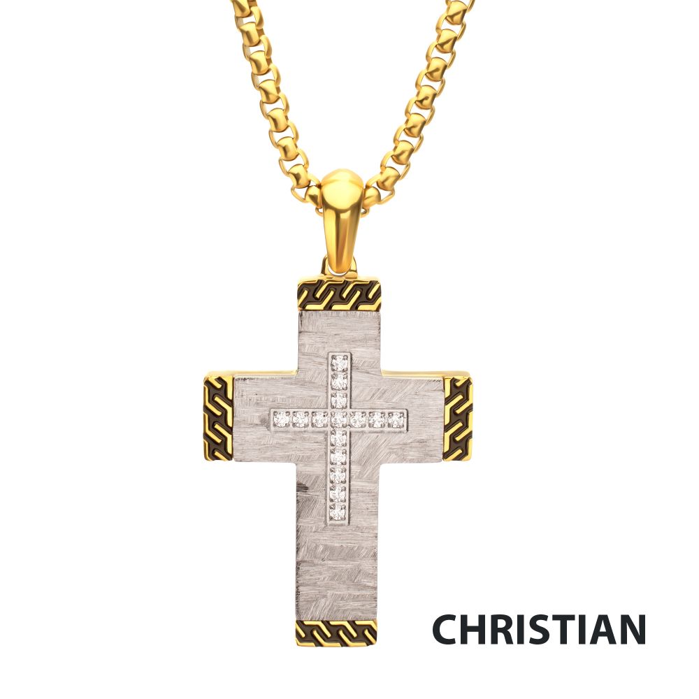Men's Stainless Steel Clear CZ Gem Gold Black Edge Textured Cross Pendant
