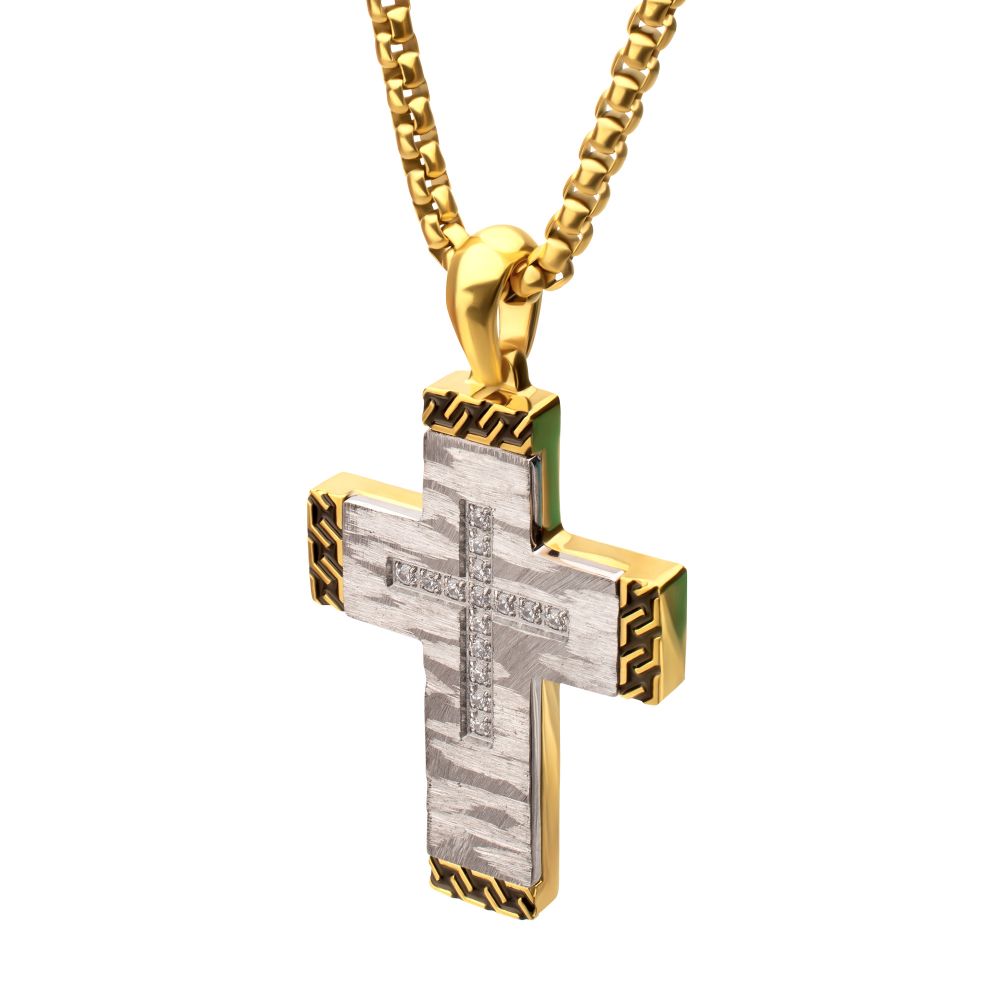 Men's Stainless Steel Clear CZ Gem Gold Black Edge Textured Cross Pendant
