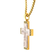 Stainless Steel Clear CZ Gem Gold Black Edge Textured Cross Pendant