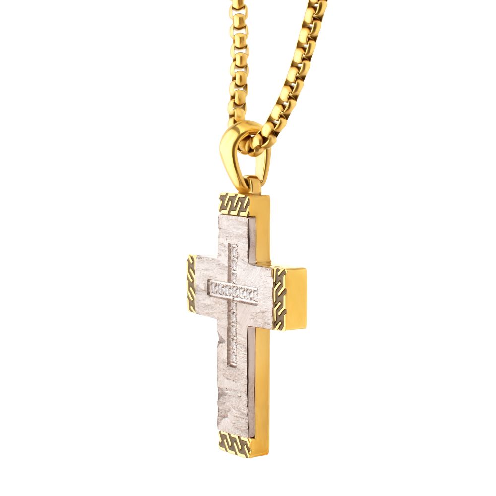 Men's Stainless Steel Clear CZ Gem Gold Black Edge Textured Cross Pendant