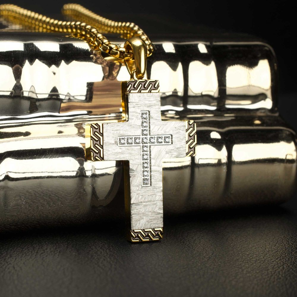 Men's Stainless Steel Clear CZ Gem Gold Black Edge Textured Cross Pendant