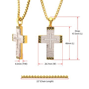 Stainless Steel Clear CZ Gem Gold Black Edge Textured Cross Pendant