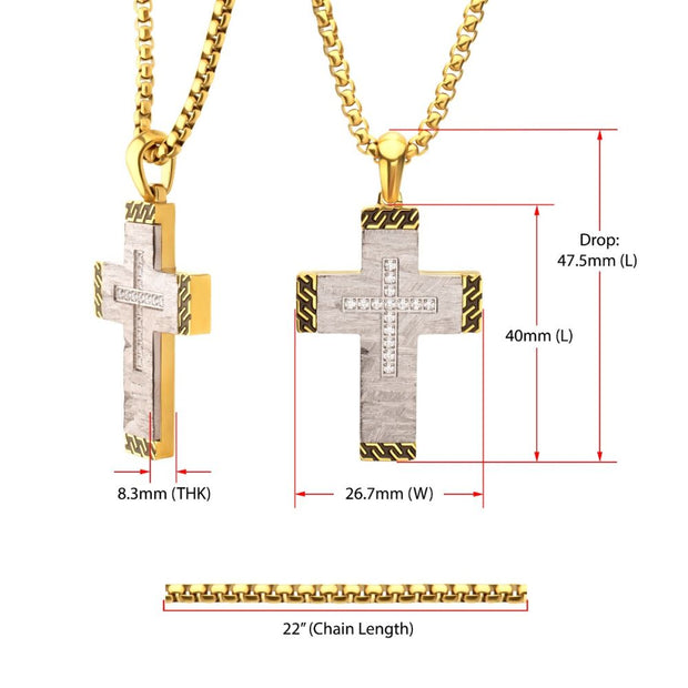 Stainless Steel Clear CZ Gem Gold Black Edge Textured Cross Pendant
