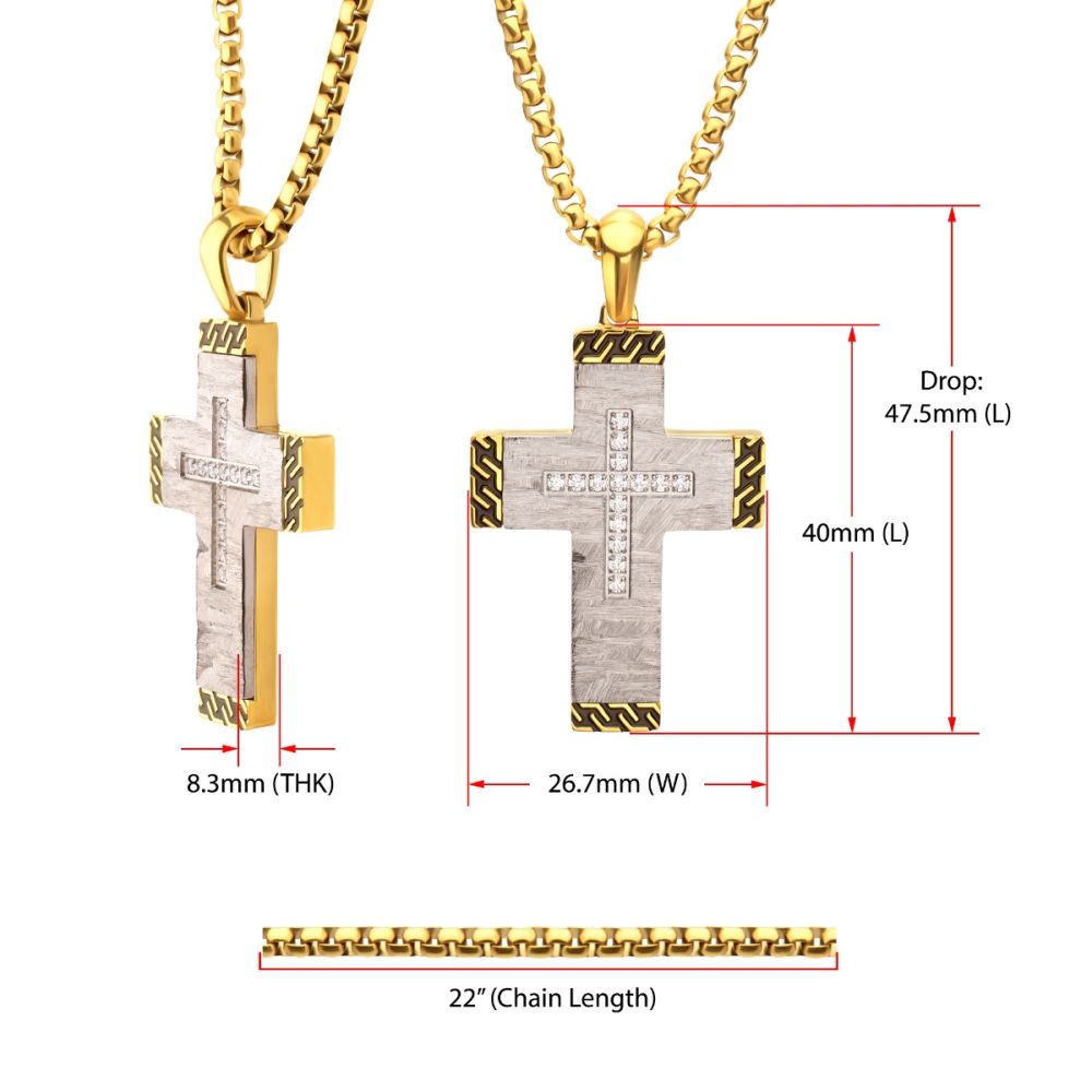 Men's Stainless Steel Clear CZ Gem Gold Black Edge Textured Cross Pendant