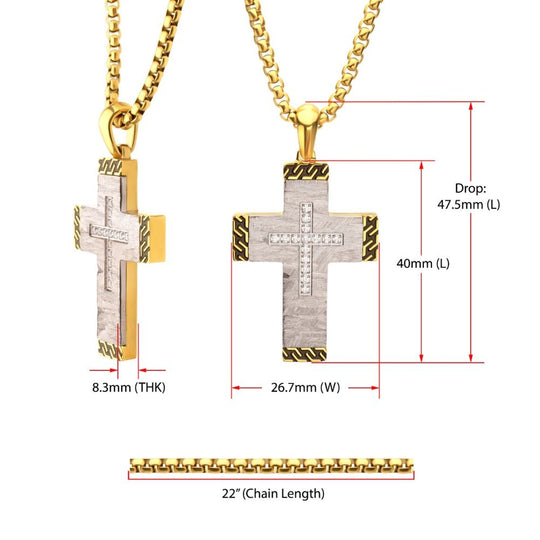 Men's Stainless Steel Clear CZ Gem Gold Black Edge Textured Cross Pendant