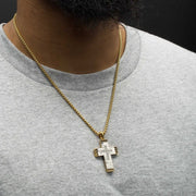 Stainless Steel Clear CZ Gem Gold Black Edge Textured Cross Pendant