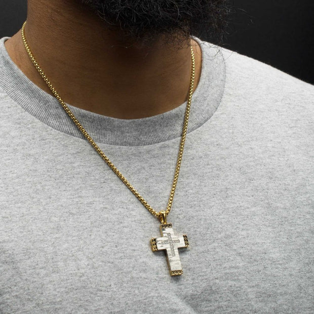 Stainless Steel Clear CZ Gem Gold Black Edge Textured Cross Pendant