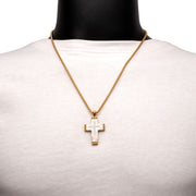Stainless Steel Clear CZ Gem Gold Black Edge Textured Cross Pendant
