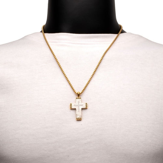 Men's Stainless Steel Clear CZ Gem Gold Black Edge Textured Cross Pendant