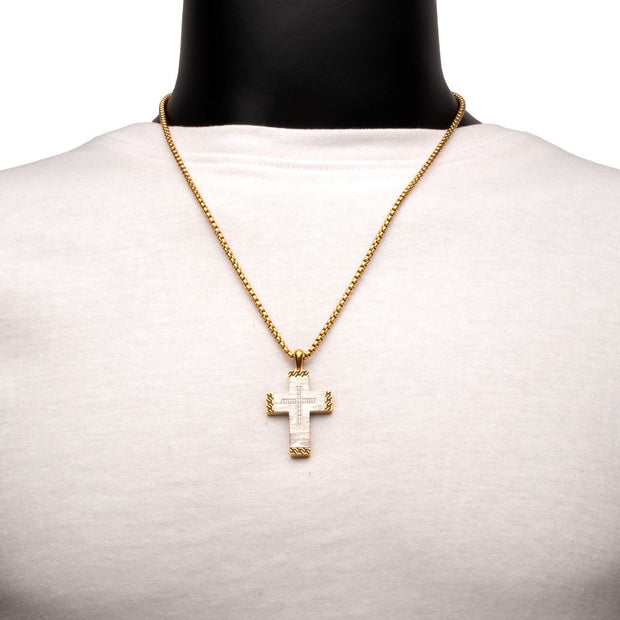 Stainless Steel Clear CZ Gem Gold Black Edge Textured Cross Pendant