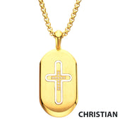 18Kt Gold IP Stainless Steel Clear CZ Inlay Cross Dogtag Pendant