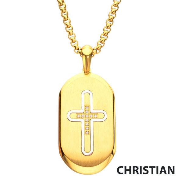 18Kt Gold IP Stainless Steel Clear CZ Inlay Cross Dogtag Pendant