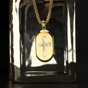 18Kt Gold IP Stainless Steel Clear CZ Inlay Cross Dogtag Pendant