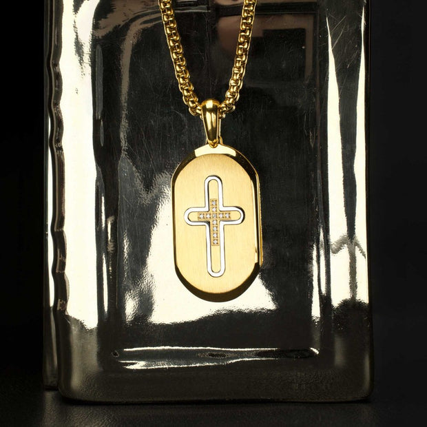 18Kt Gold IP Stainless Steel Clear CZ Inlay Cross Dogtag Pendant