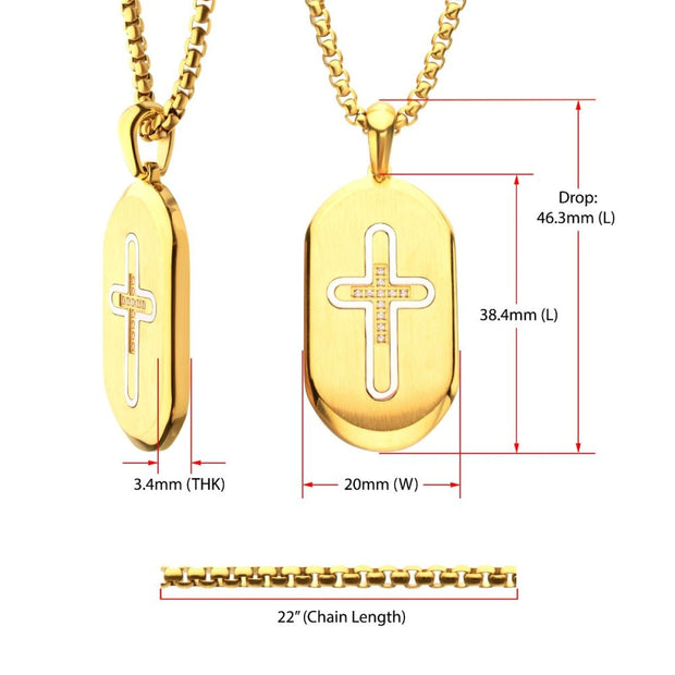 18Kt Gold IP Stainless Steel Clear CZ Inlay Cross Dogtag Pendant