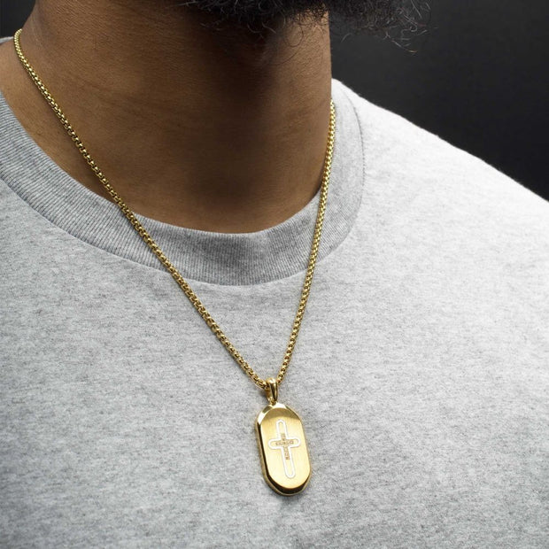 18Kt Gold IP Stainless Steel Clear CZ Inlay Cross Dogtag Pendant