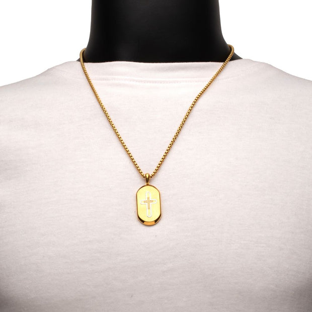 18Kt Gold IP Stainless Steel Clear CZ Inlay Cross Dogtag Pendant