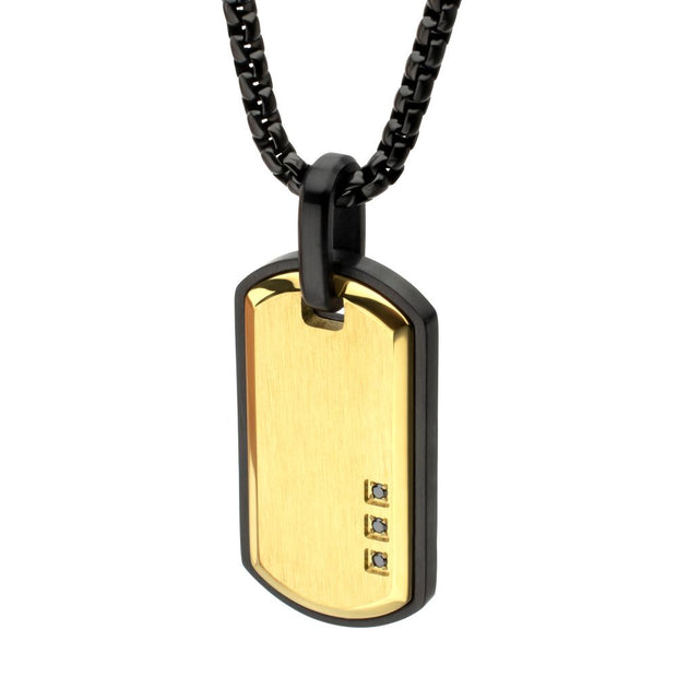 Satin Finish Black Frame Inlay 18Kt Gold IP Steel Identity Tag Pendant