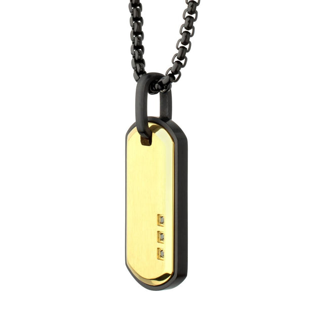 Satin Finish Black Frame Inlay 18Kt Gold IP Steel Identity Tag Pendant