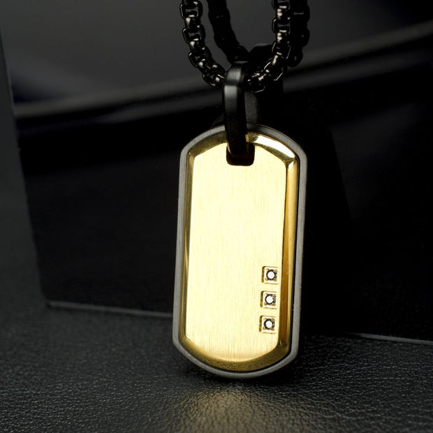 Satin Finish Black Frame Inlay 18Kt Gold IP Steel Identity Tag Pendant