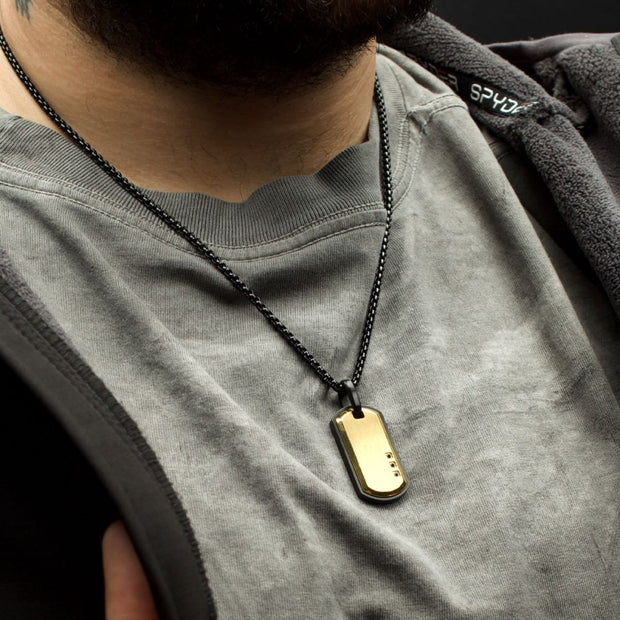 Satin Finish Black Frame Inlay 18Kt Gold IP Steel Identity Tag Pendant