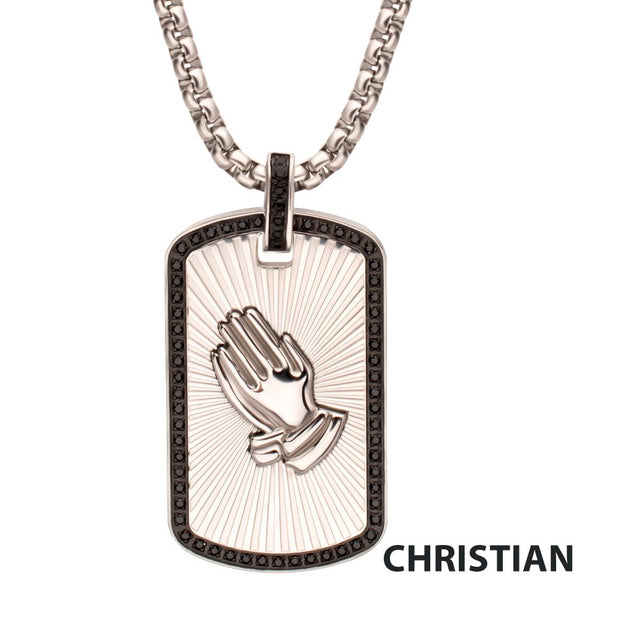 Stainless Steel Praying Hands Black CZ Edge Dogtag Pendant with Black CZ Bail