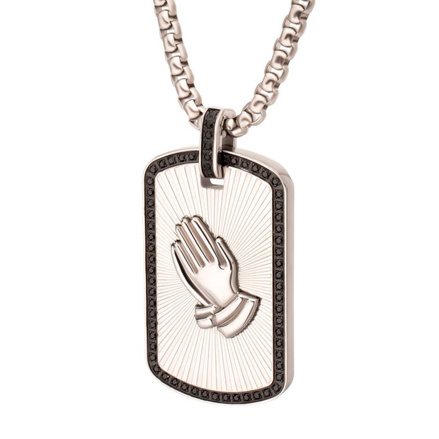 Stainless Steel Praying Hands Black CZ Edge Dogtag Pendant with Black CZ Bail