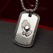 Stainless Steel Praying Hands Black CZ Edge Dogtag Pendant with Black CZ Bail