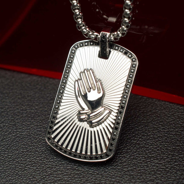 Stainless Steel Praying Hands Black CZ Edge Dogtag Pendant with Black CZ Bail
