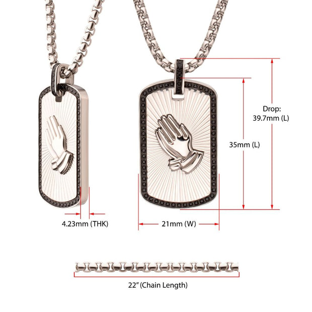 Stainless Steel Praying Hands Black CZ Edge Dogtag Pendant with Black CZ Bail
