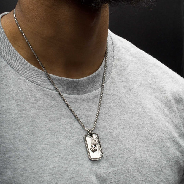 Stainless Steel Praying Hands Black CZ Edge Dogtag Pendant with Black CZ Bail